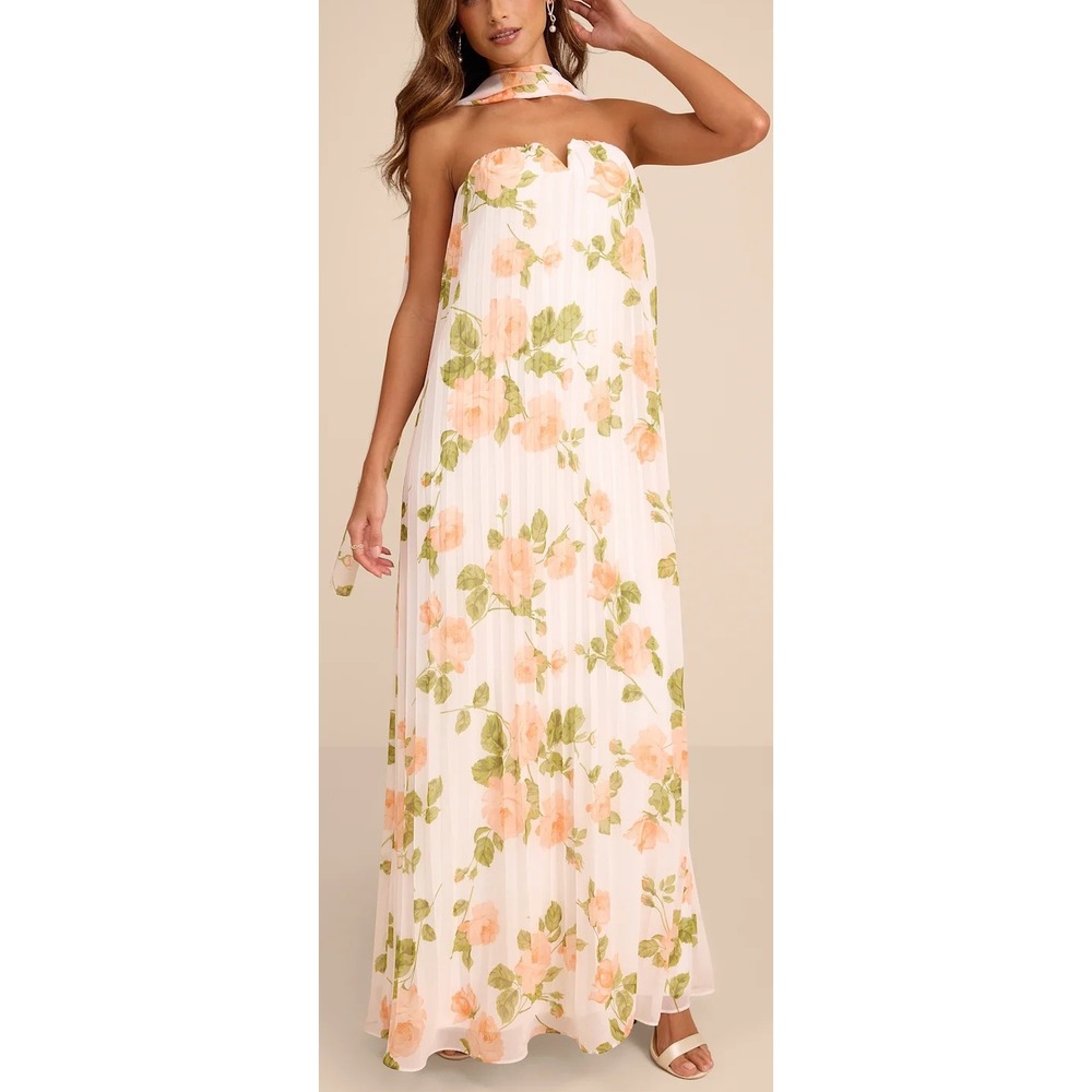 NWT Lael White Floral Pleated Strapless Dress and Scarf Set Sz Medium